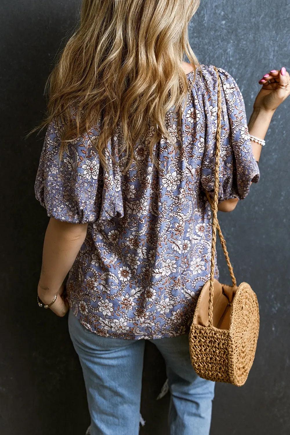 Printed Tie Neck Half Sleeve Blouse Trendsi