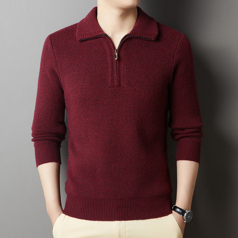 Solid Color Popular Zipper Men's Lapel Knitted Sweater