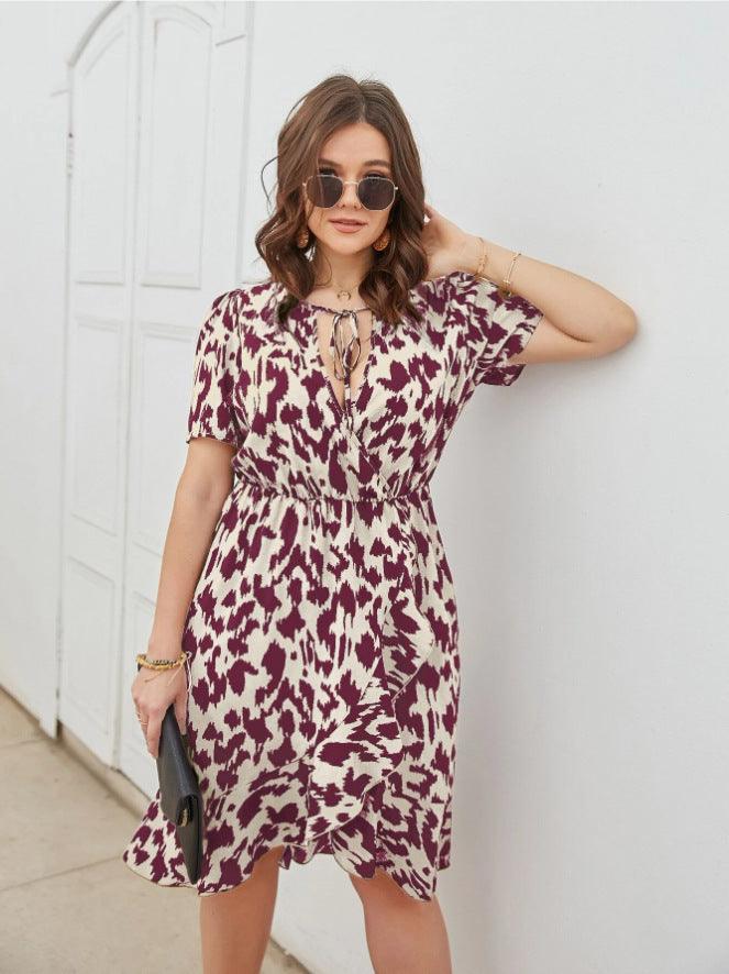 Casual Fashion Short Sleeve V-neck Printed Dress - Awesome Marketplace