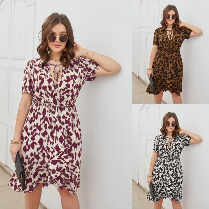 Casual Fashion Short Sleeve V-neck Printed Dress - Awesome Marketplace