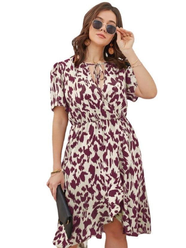 Casual Fashion Short Sleeve V-neck Printed Dress - Awesome Marketplace