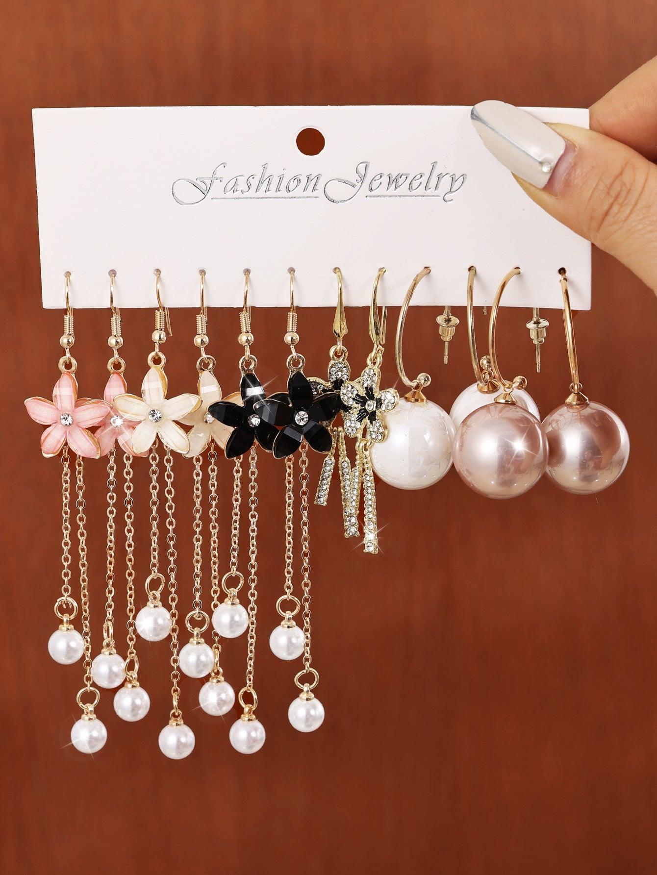 Combination Style 6 Pairs Of Temperament Personality Internet Famous Long Pearl Earrings With Crystal Flowers Simple And Versatile Earrings - Awesome Marketplace