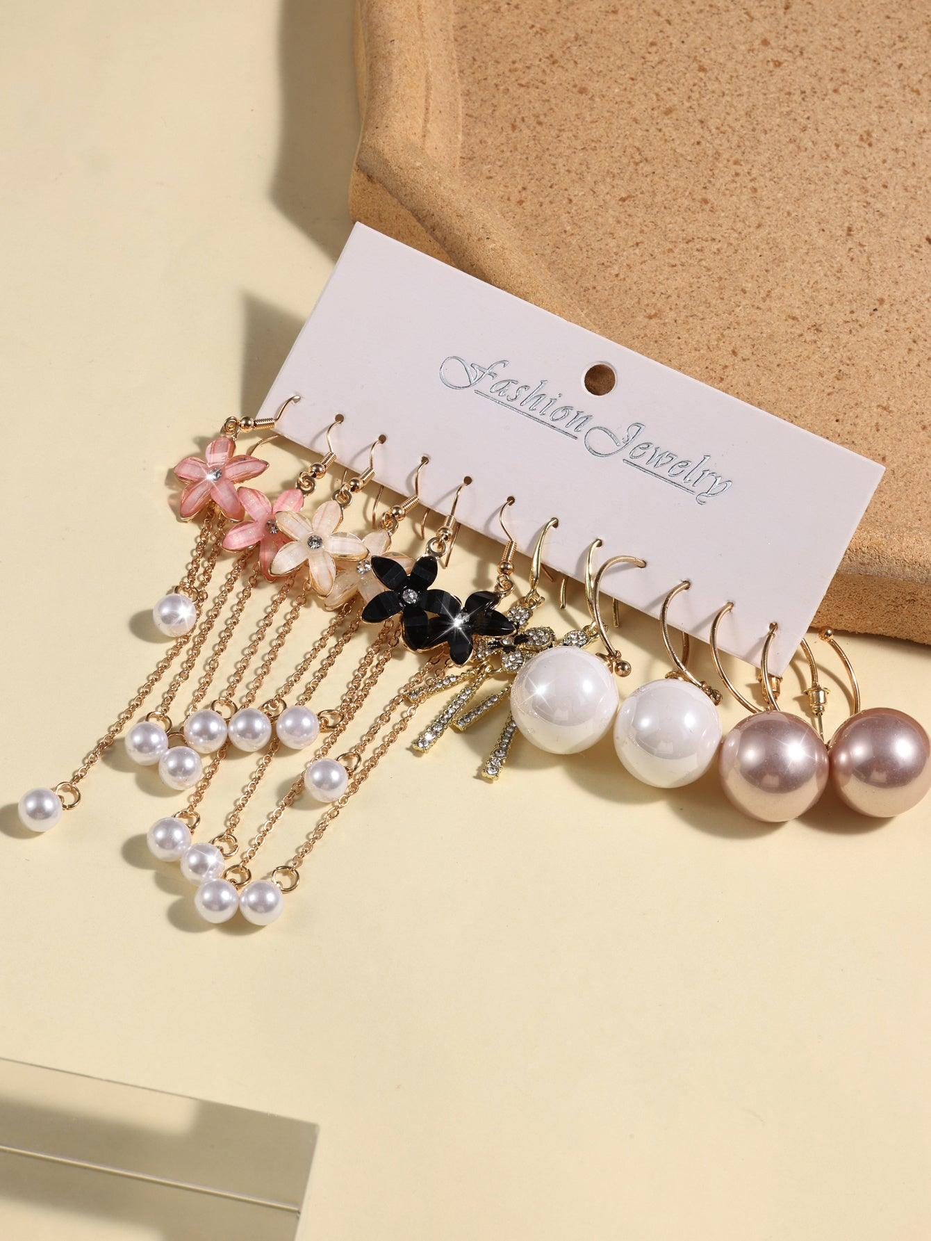 Combination Style 6 Pairs Of Temperament Personality Internet Famous Long Pearl Earrings With Crystal Flowers Simple And Versatile Earrings - Awesome Marketplace