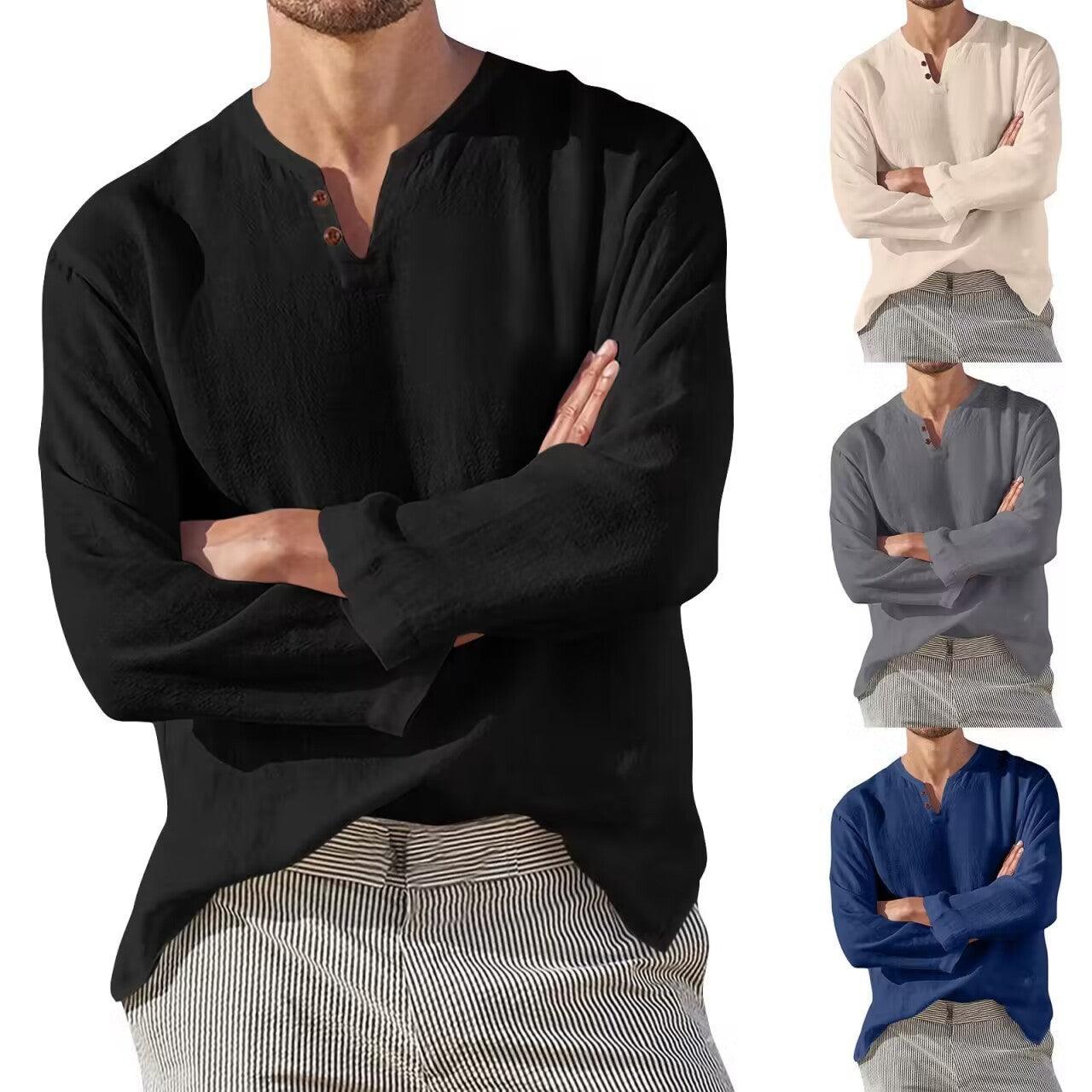 Cotton Linen Men's Long Sleeve V-neck Casual Beach Shirt for Men - Awesome Marketplace