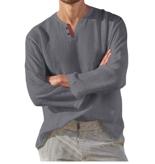 Cotton Linen Men's Long Sleeve V-neck Casual Beach Shirt for Men - Awesome Marketplace