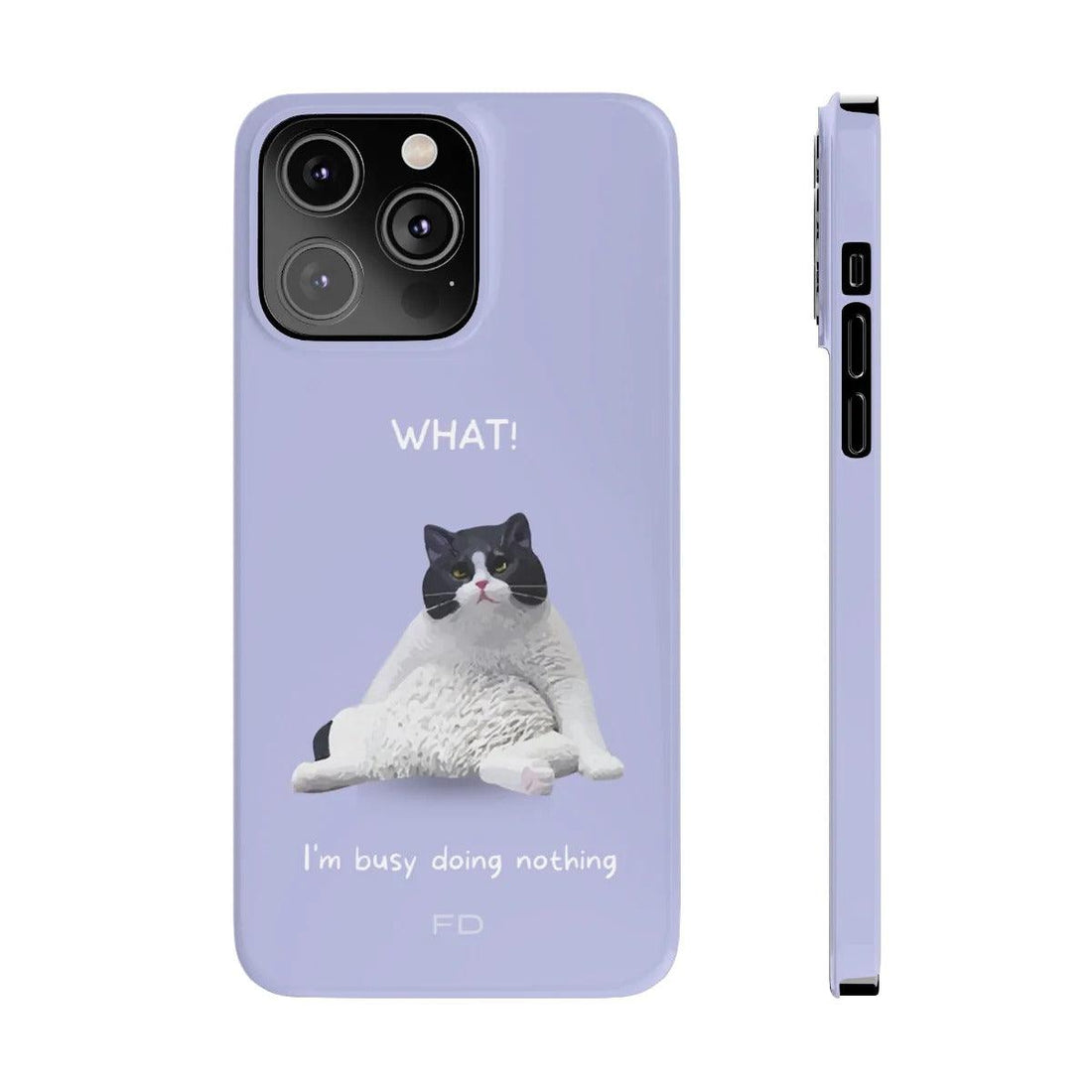 Purple Cat Slim Case for iPhone 14: Charming Protection & Style. Yellow Pandora