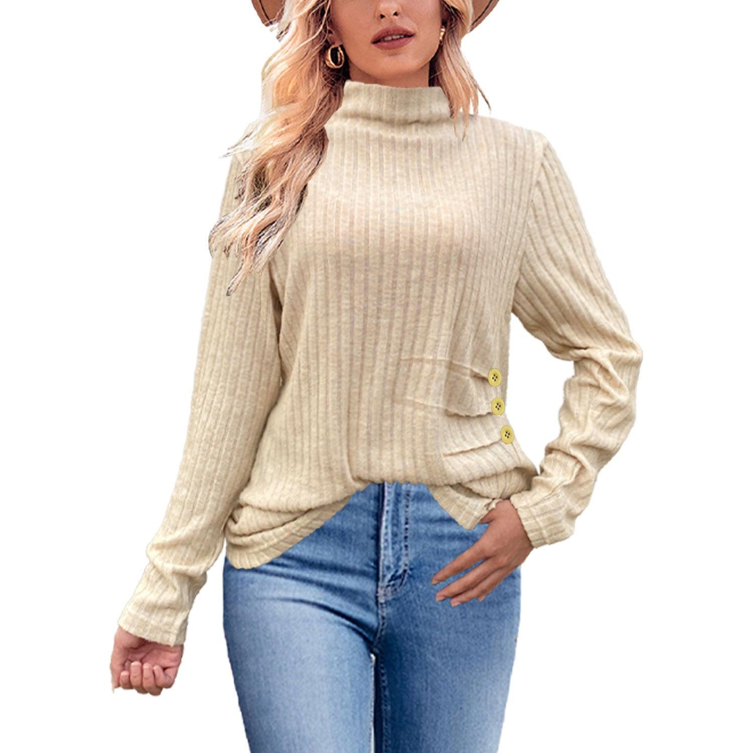 European And American Brushed Sunken Stripe Knitted Turtleneck Side Button Women's Top - Awesome Marketplace