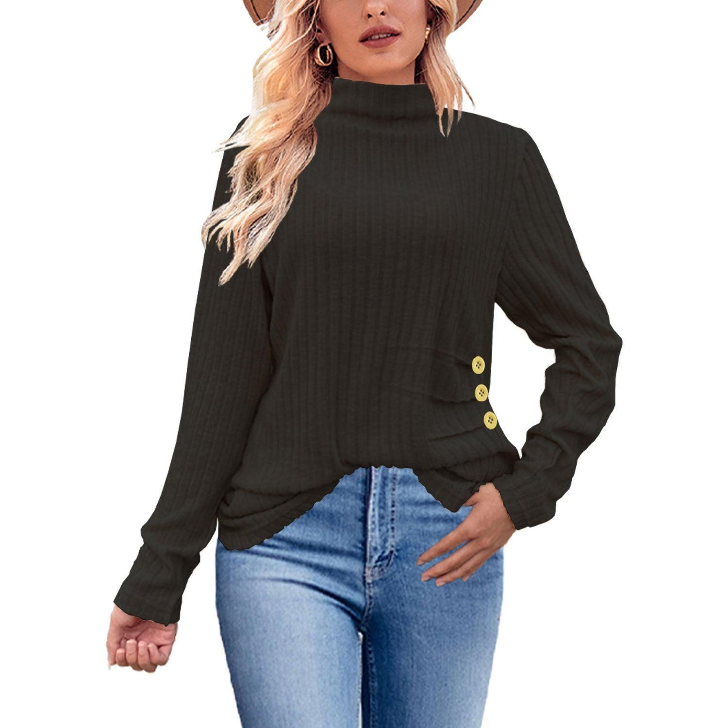 European And American Brushed Sunken Stripe Knitted Turtleneck Side Button Women's Top - Awesome Marketplace