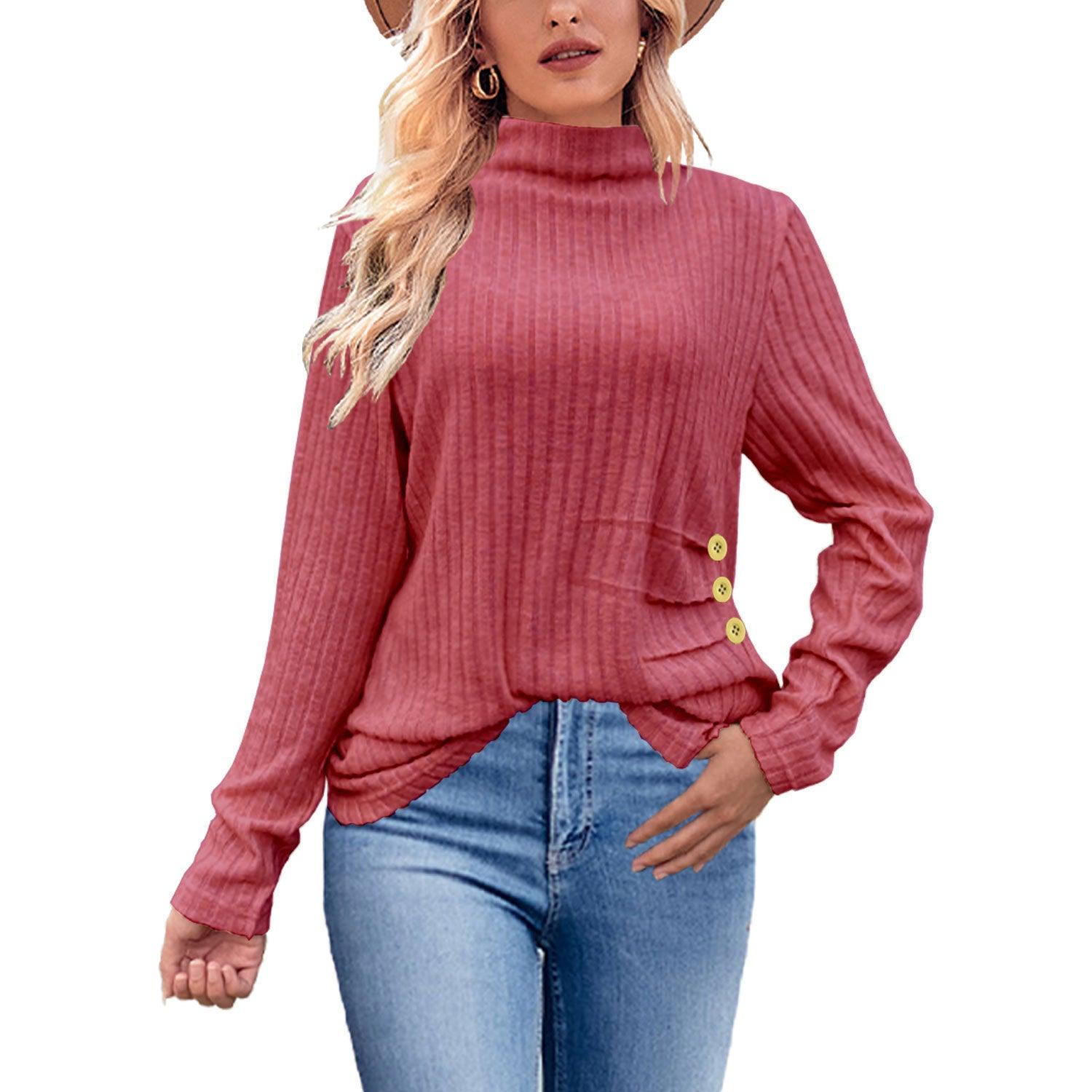 European And American Brushed Sunken Stripe Knitted Turtleneck Side Button Women's Top - Awesome Marketplace