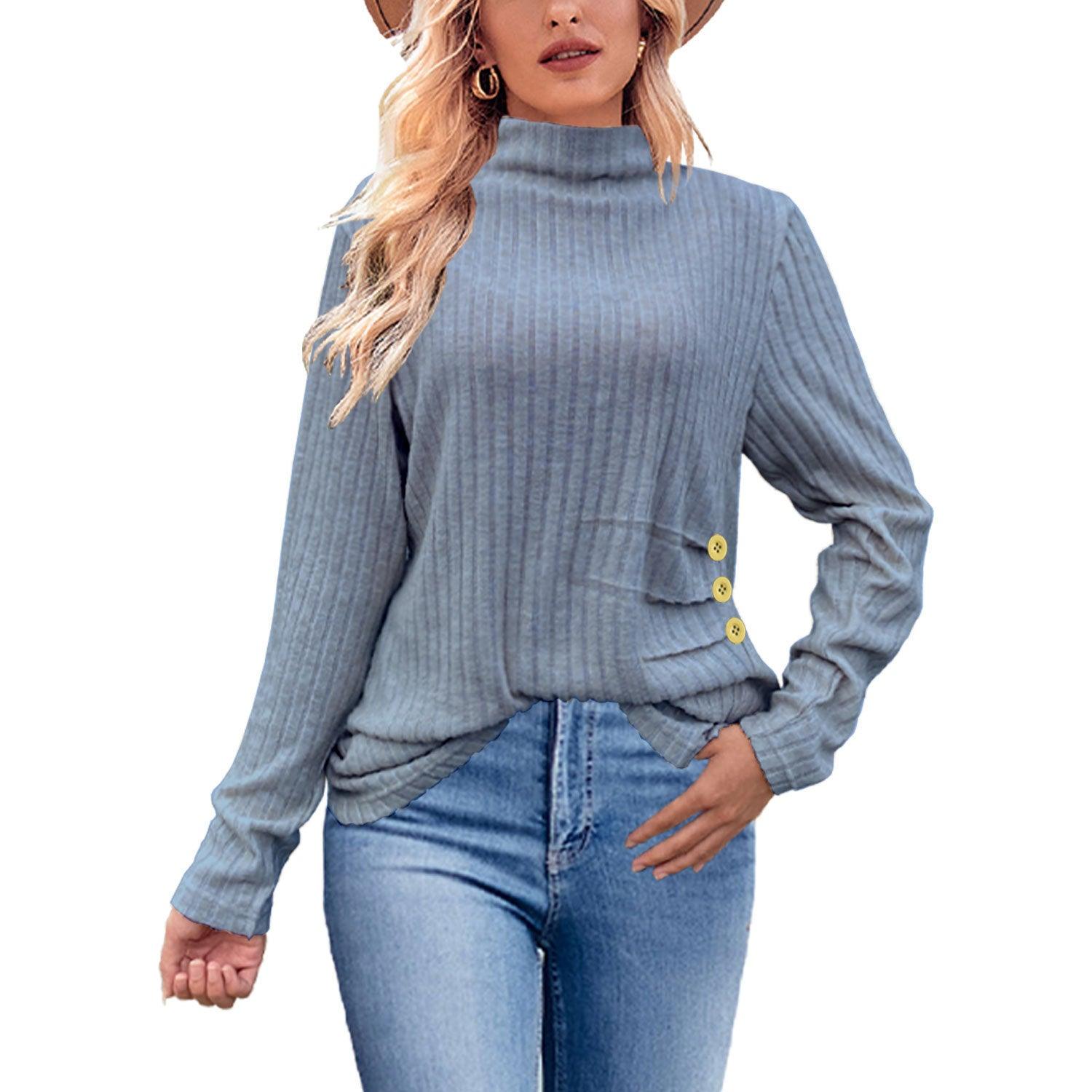 European And American Brushed Sunken Stripe Knitted Turtleneck Side Button Women's Top - Awesome Marketplace