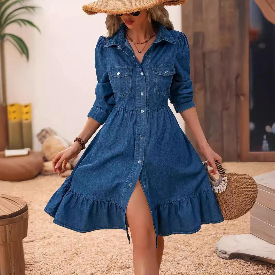 European And American Lapel Long Sleeve Stitching Casual Dress - Awesome Marketplace