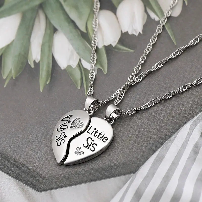 fashion silver color crystal rhinestone heart big sis little sis pendant necklace for women sister jewelry gifts Awesome Marketplace