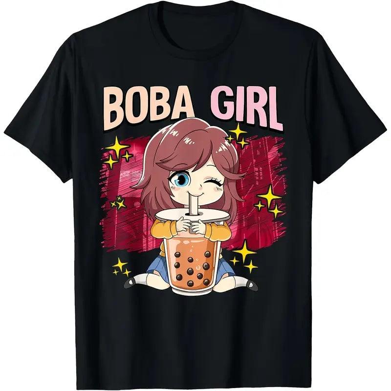 Boba Girl Anime Graphic Tee , Short Sleeve, Crew Neck T-Shirt For Women & Girls in USA to USA