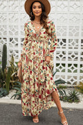 Floral Frill Trim Flounce Sleeve Plunge Maxi Dress - Awesome Marketplace