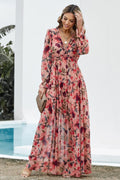 Floral Frill Trim Flounce Sleeve Plunge Maxi Dress - Awesome Marketplace