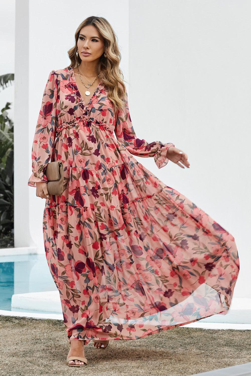 Floral Frill Trim Flounce Sleeve Plunge Maxi Dress - Awesome Marketplace