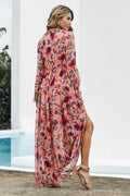 Floral Frill Trim Flounce Sleeve Plunge Maxi Dress - Awesome Marketplace