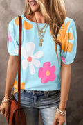 Flower Round Neck Short Sleeve Blouse Trendsi