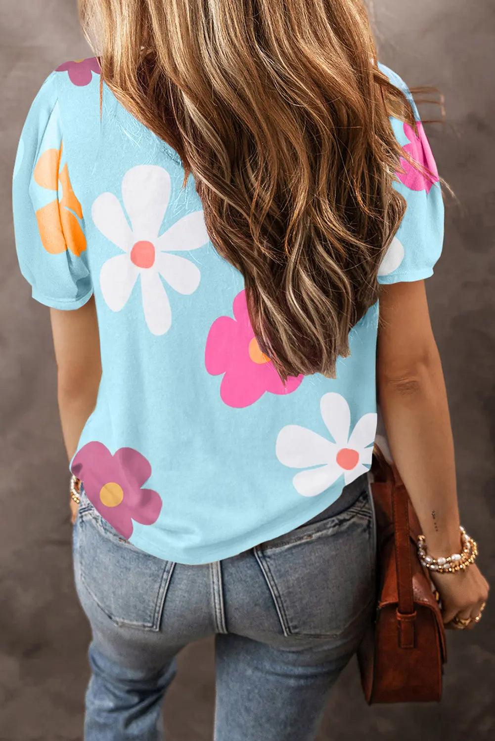 Flower Round Neck Short Sleeve Blouse Trendsi