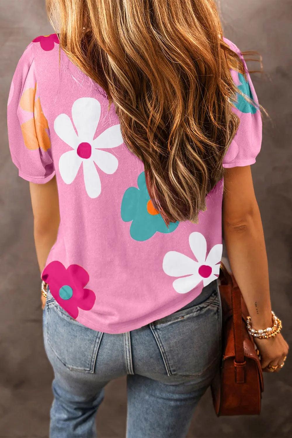 Flower Round Neck Short Sleeve Blouse Trendsi