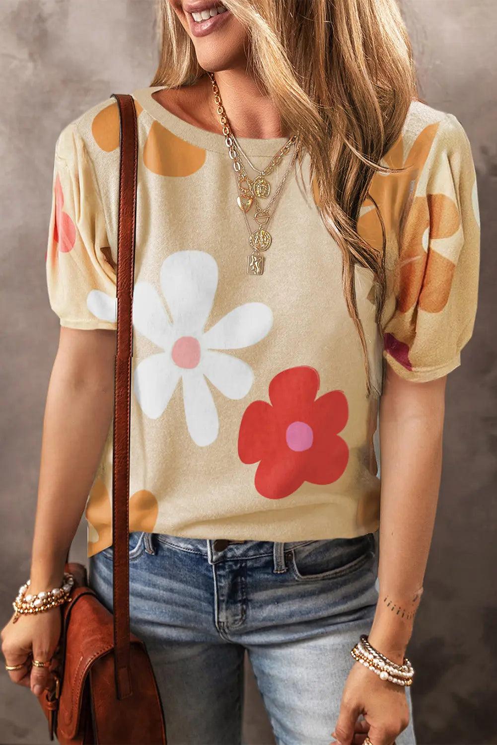 Flower Round Neck Short Sleeve Blouse Trendsi