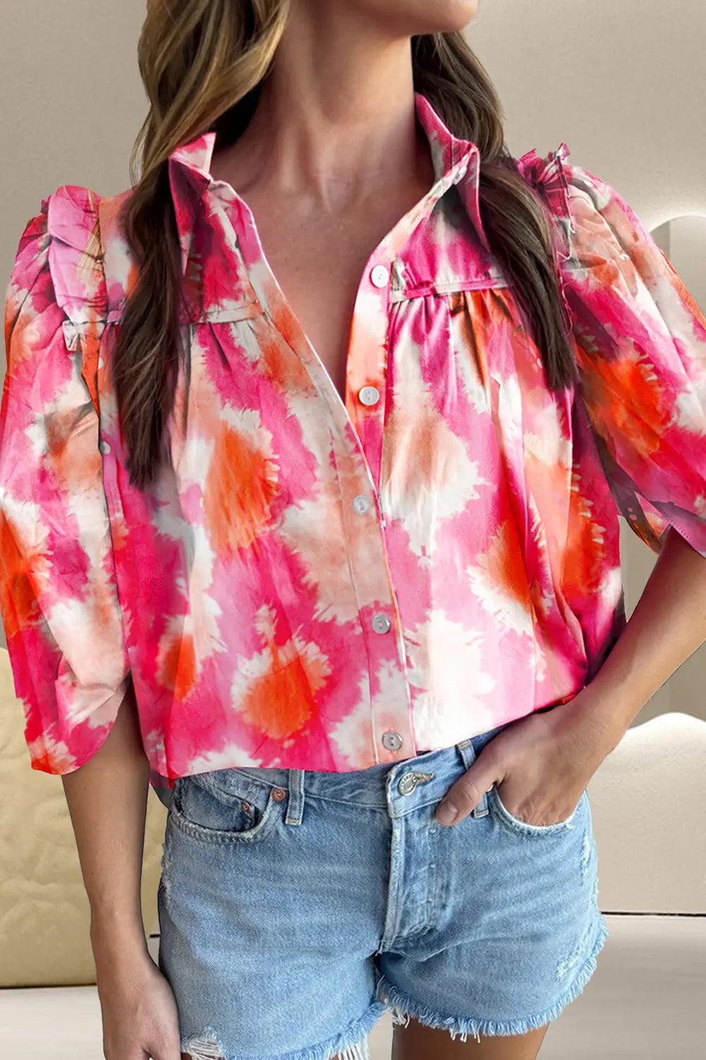 Frill Contrast Print Collared Neck Half Sleeve Shirt Trendsi