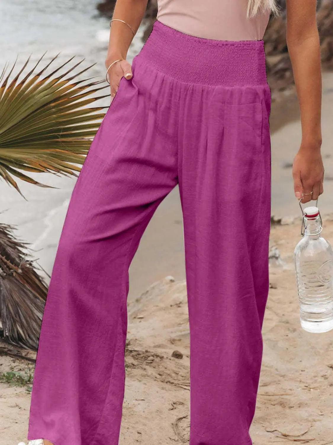 Full Size Smocked Waist Wide Leg Pants Trendsi