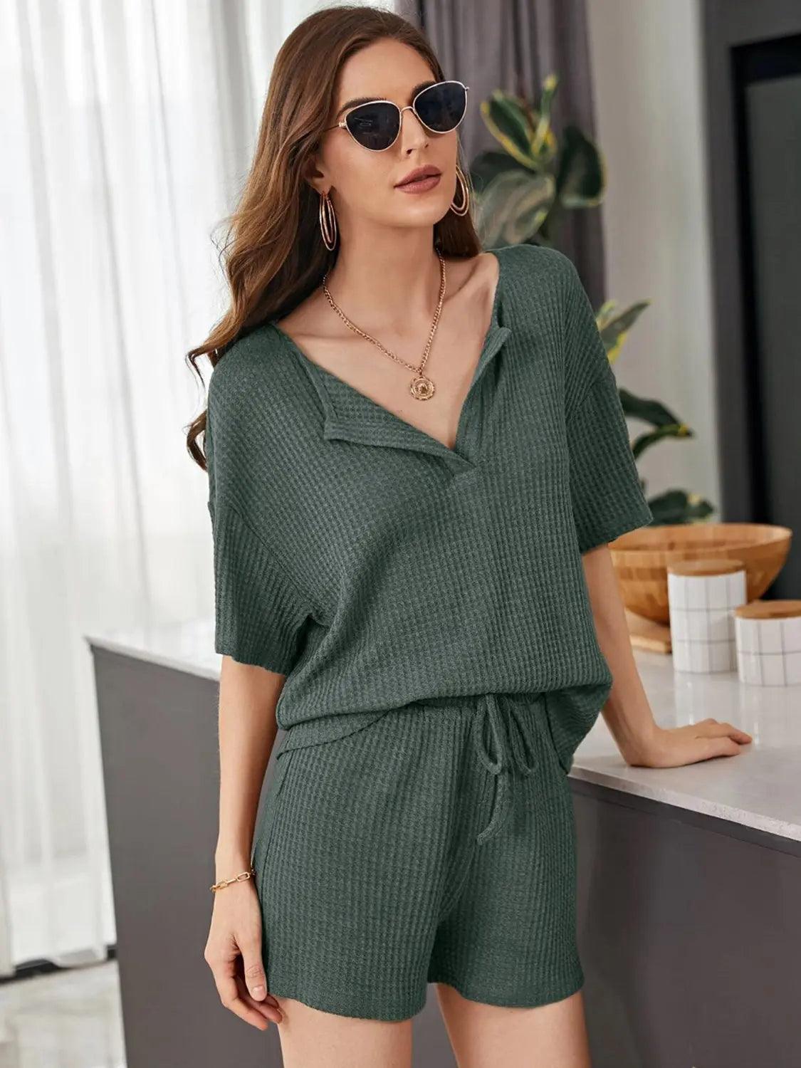 Full Size Waffle-Knit Dropped Shoulder Top and Shorts Set Trendsi