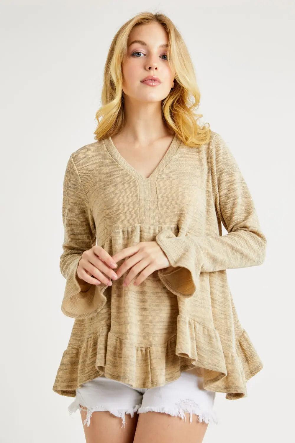 Hailey & Co V-Neck Flounce Sleeve Knit Top Trendsi