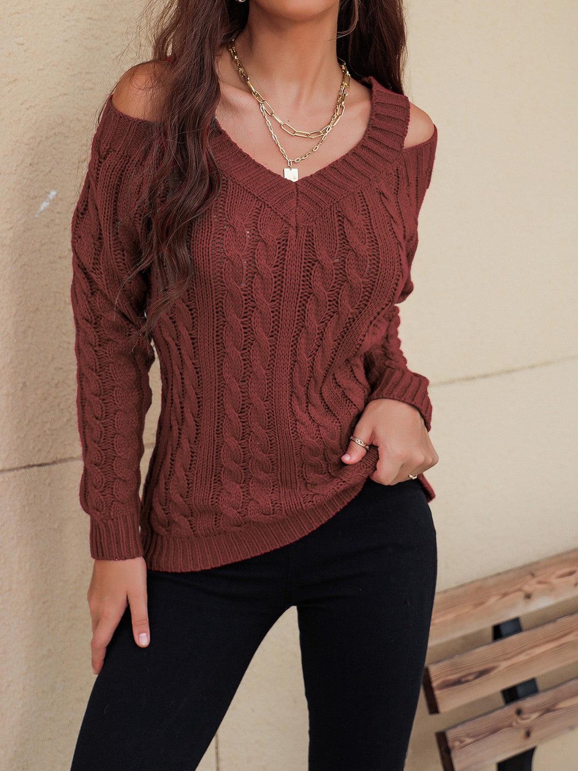 Honey Cable-Knit V-Neck Cold Shoulder Sweater - Awesome Marketplace