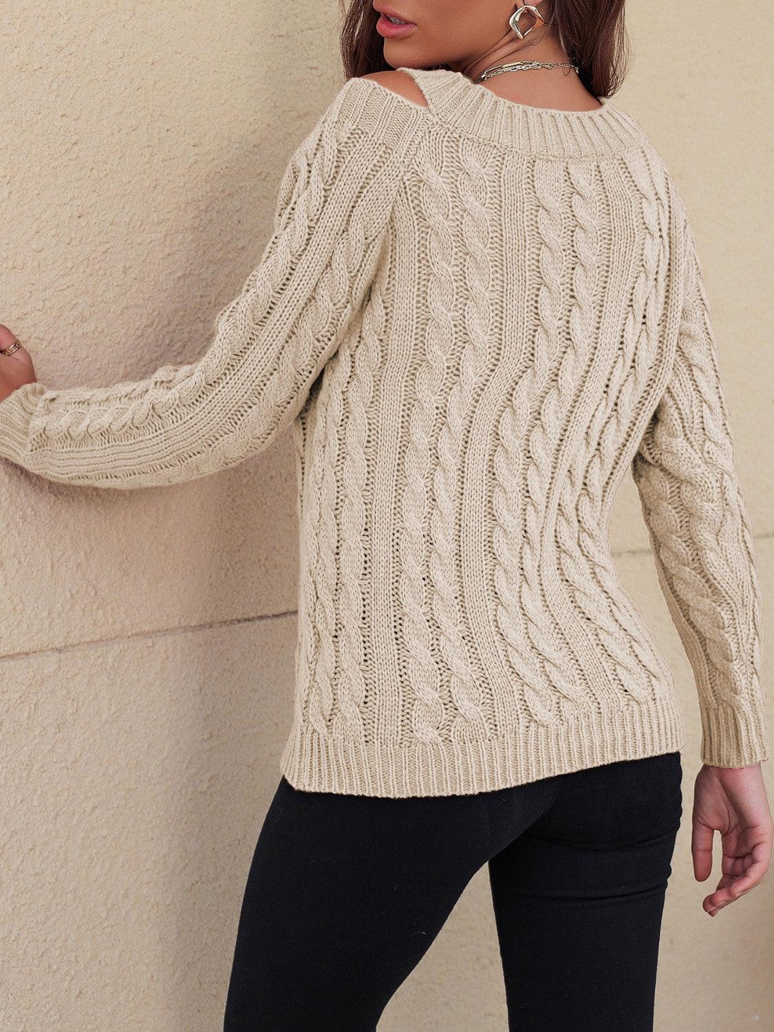 Honey Cable-Knit V-Neck Cold Shoulder Sweater - Awesome Marketplace