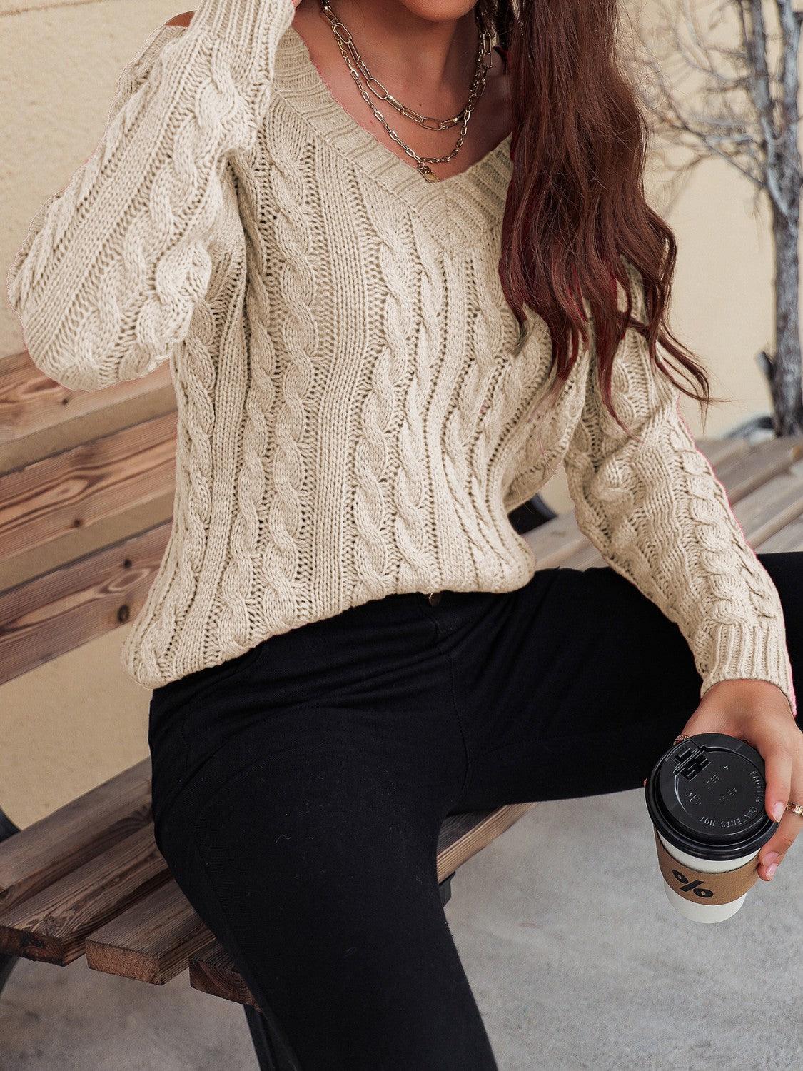 Honey Cable-Knit V-Neck Cold Shoulder Sweater - Awesome Marketplace