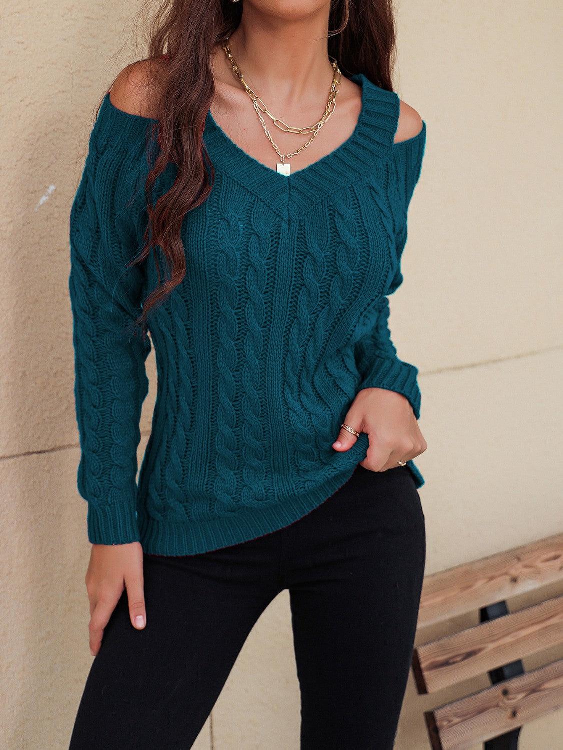 Honey Cable-Knit V-Neck Cold Shoulder Sweater - Awesome Marketplace