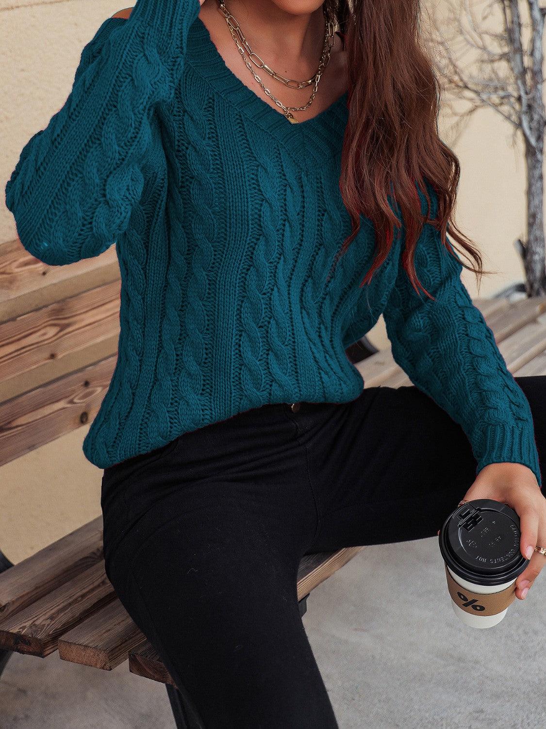 Honey Cable-Knit V-Neck Cold Shoulder Sweater - Awesome Marketplace