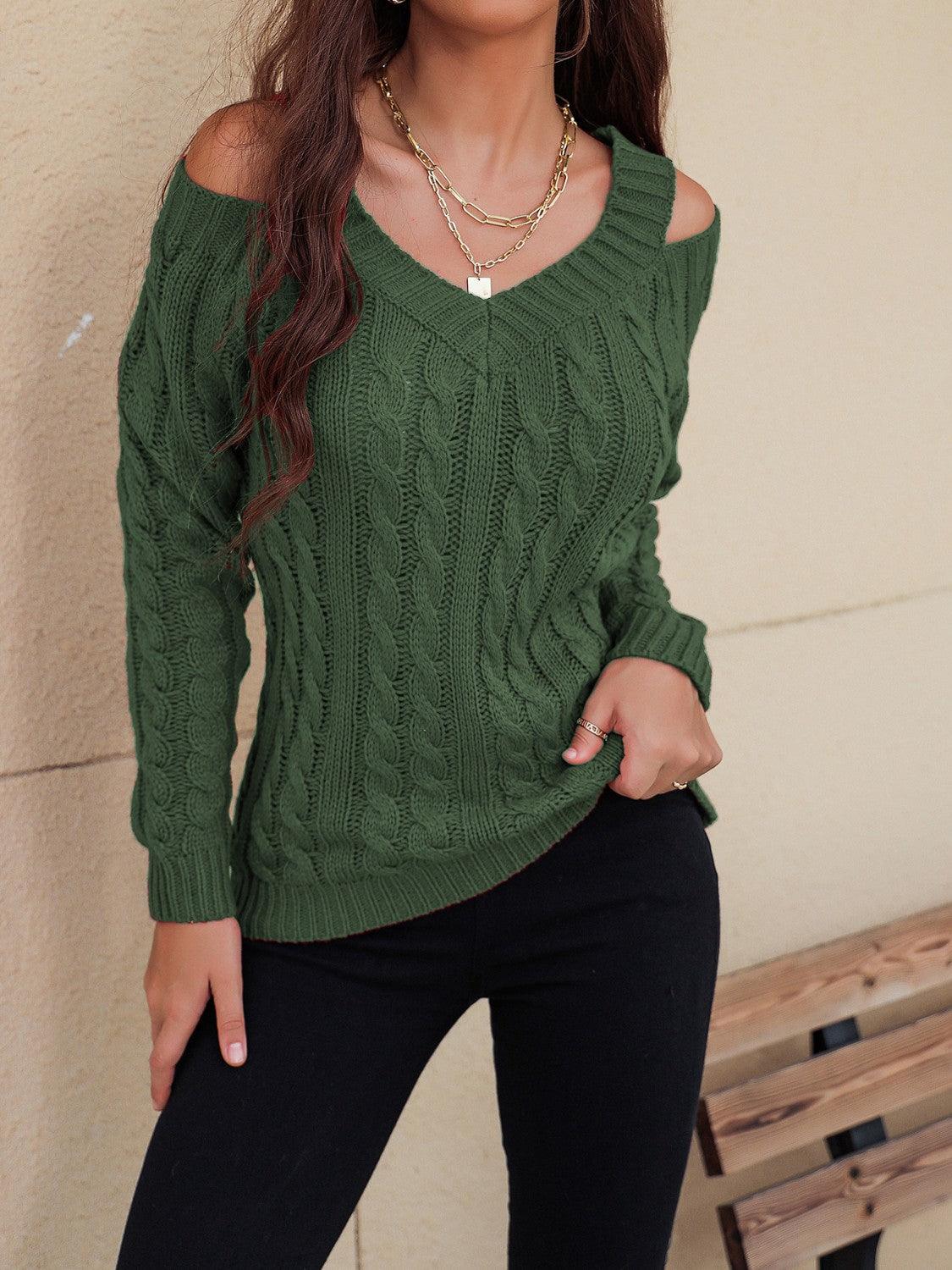 Honey Cable-Knit V-Neck Cold Shoulder Sweater - Awesome Marketplace