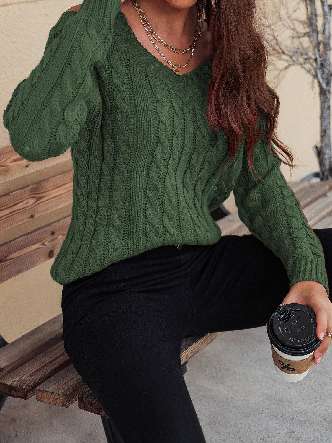 Honey Cable-Knit V-Neck Cold Shoulder Sweater - Awesome Marketplace