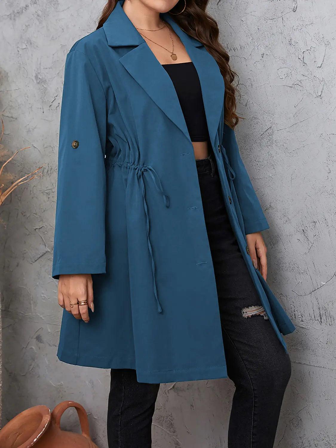 Honey Plus Size Lapel Collar Drawstring Roll-Tab Sleeve Trench Coat Trendsi