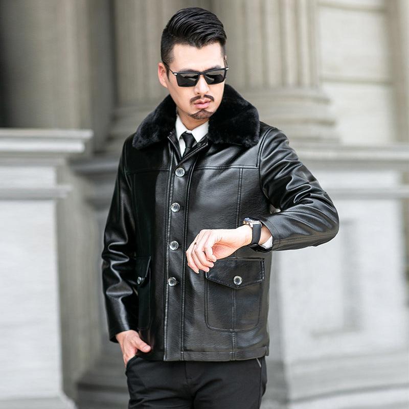 Lapel Fur Liner Leather Jacket Casual Men's Leather Jacket - Awesome Marketplace