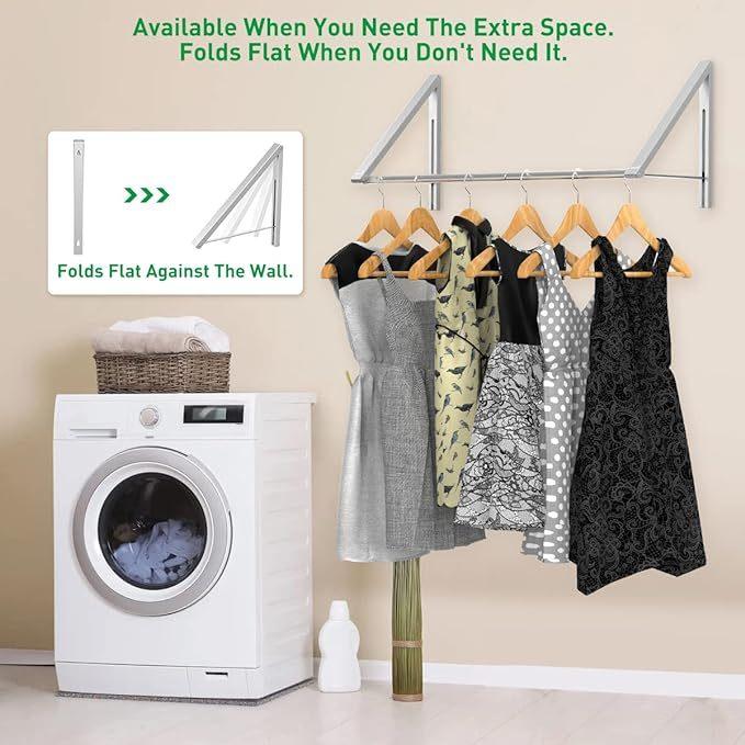 Laundry Room Drying Rack Wall Mounted Clothes Hanger Folding Wall Coat Racks Aluminum Home Storage Organizer Space Savers Silver 2 Racks With Rod - Awesome Marketplace