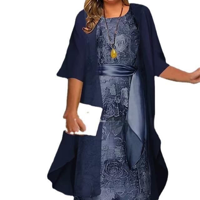 Long Sleeve Printed Round Neck Plus Size Dress Suit - Awesome Marketplace