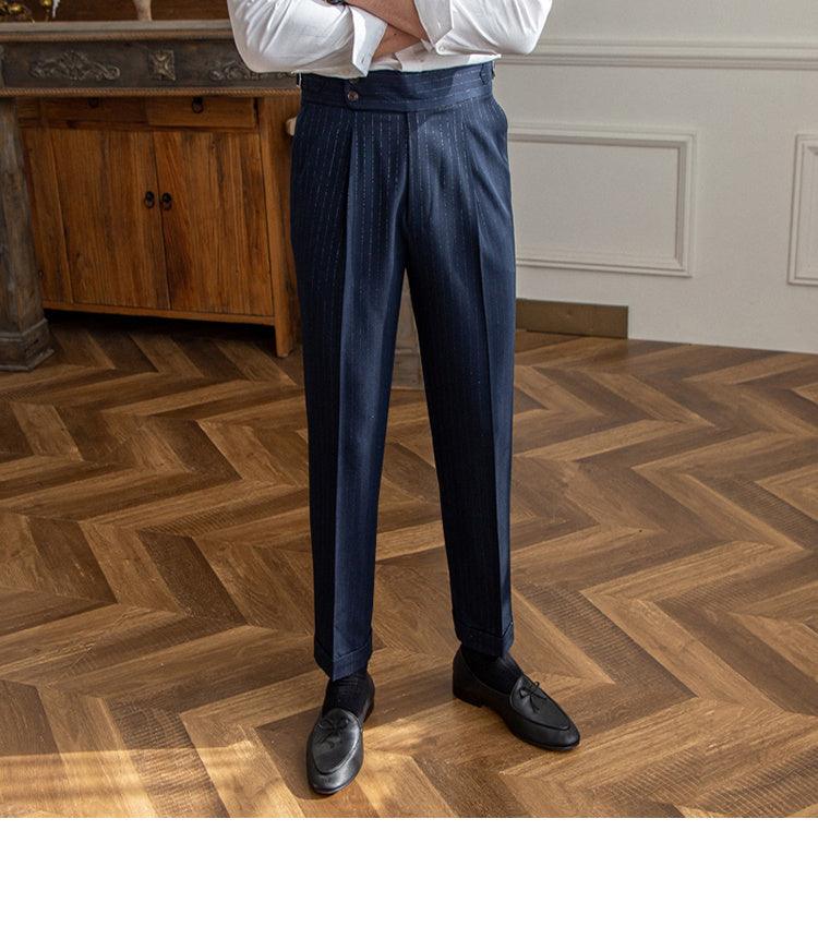 Men's Italian Naples High Waisted Gold Silver Striped Straight Leg Pants - Awesome Marketplace