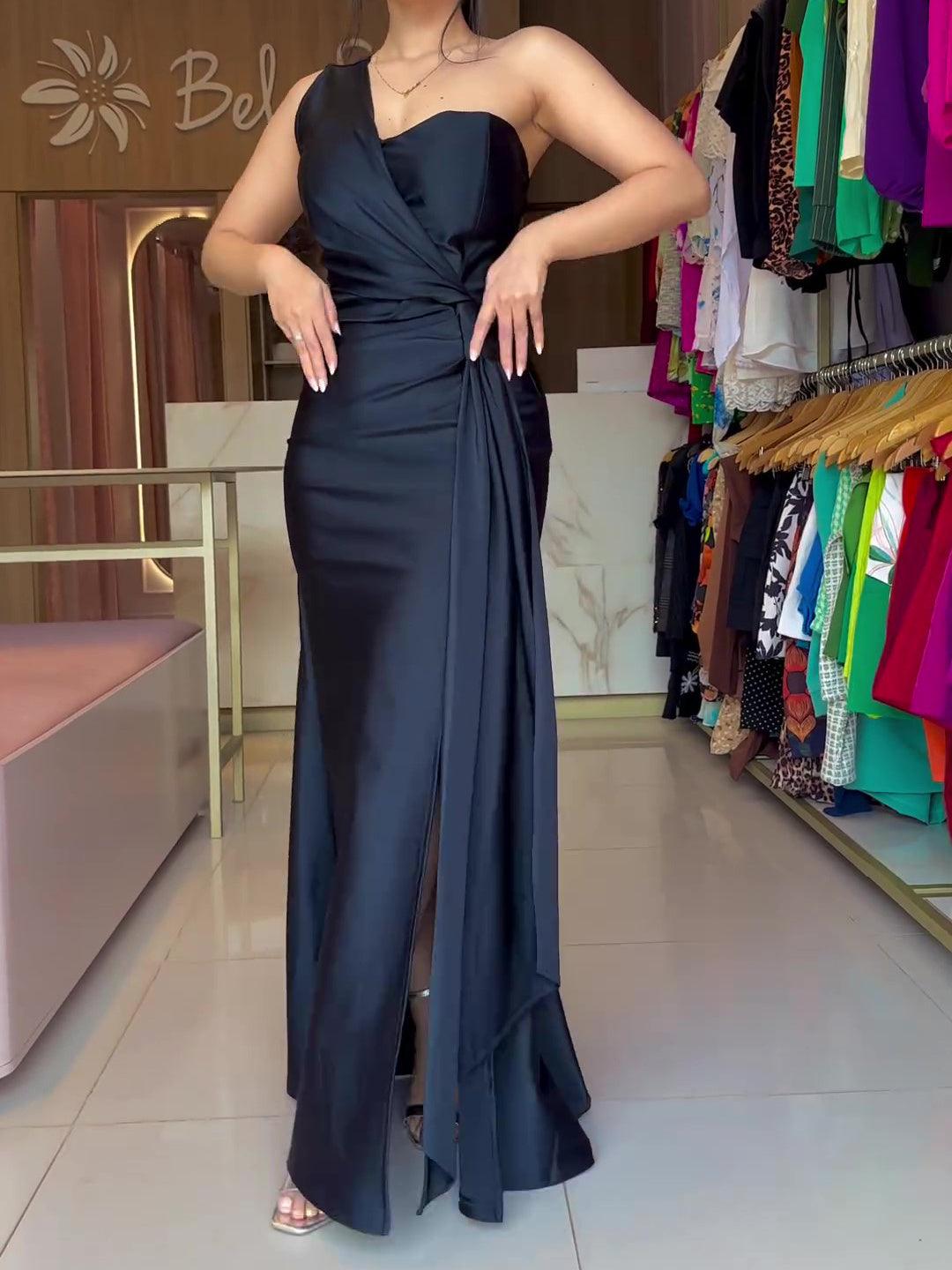 One-sleeve Knotted Slit Dress - Awesome Marketplace