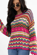 Openwork Contrast Round Neck Flare Sleeve Knit Top - Awesome Marketplace