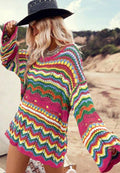 Openwork Contrast Round Neck Flare Sleeve Knit Top - Awesome Marketplace