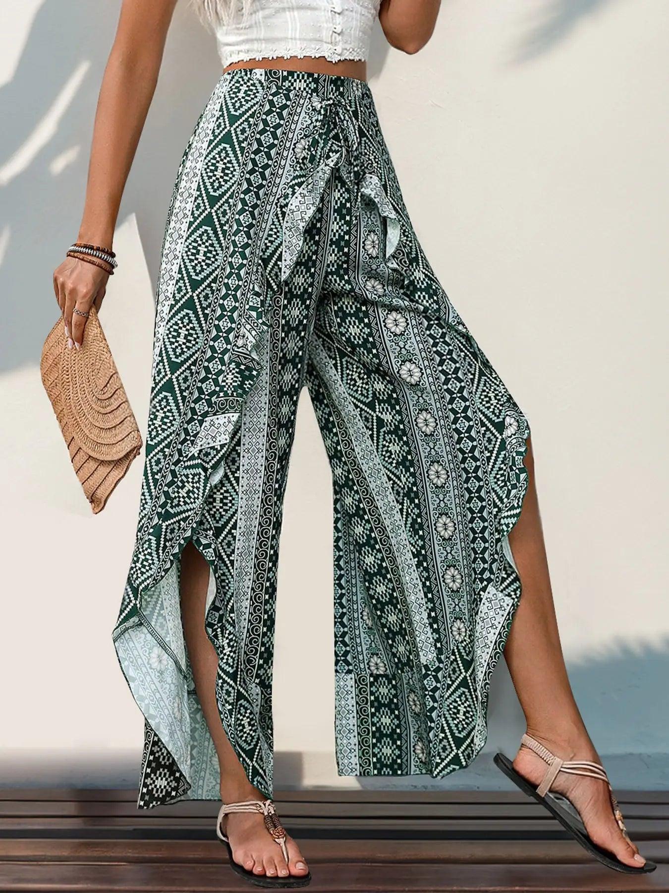 Perfee Slit Ruffled Geometric Wide Leg Pants Trendsi