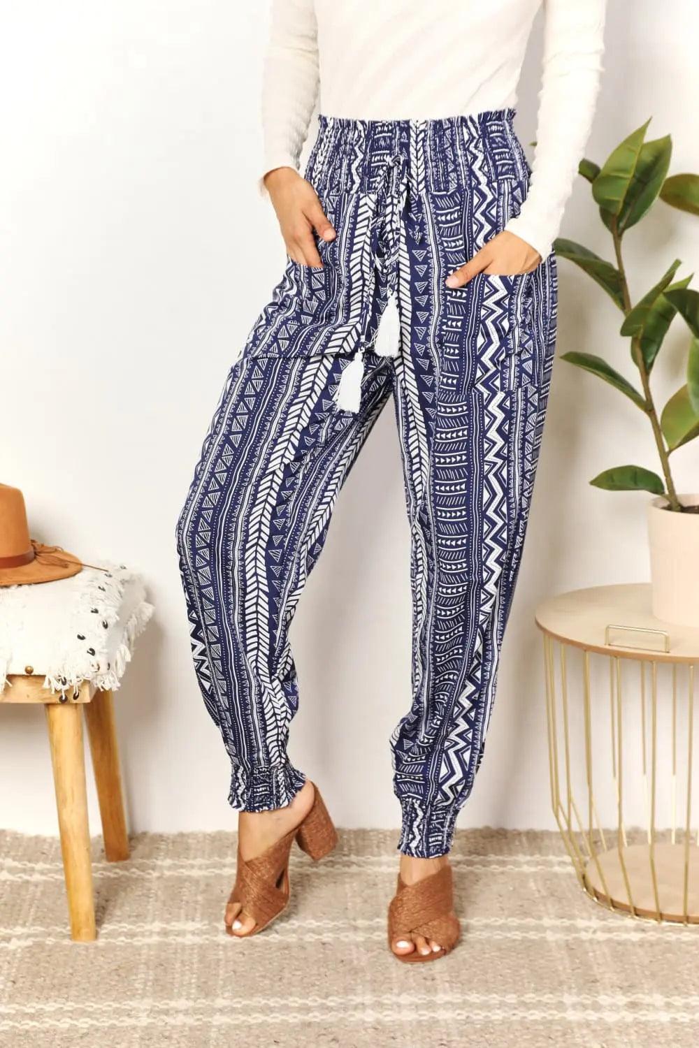 Perfee Geometric Print Tassel High-Rise Pants Trendsi