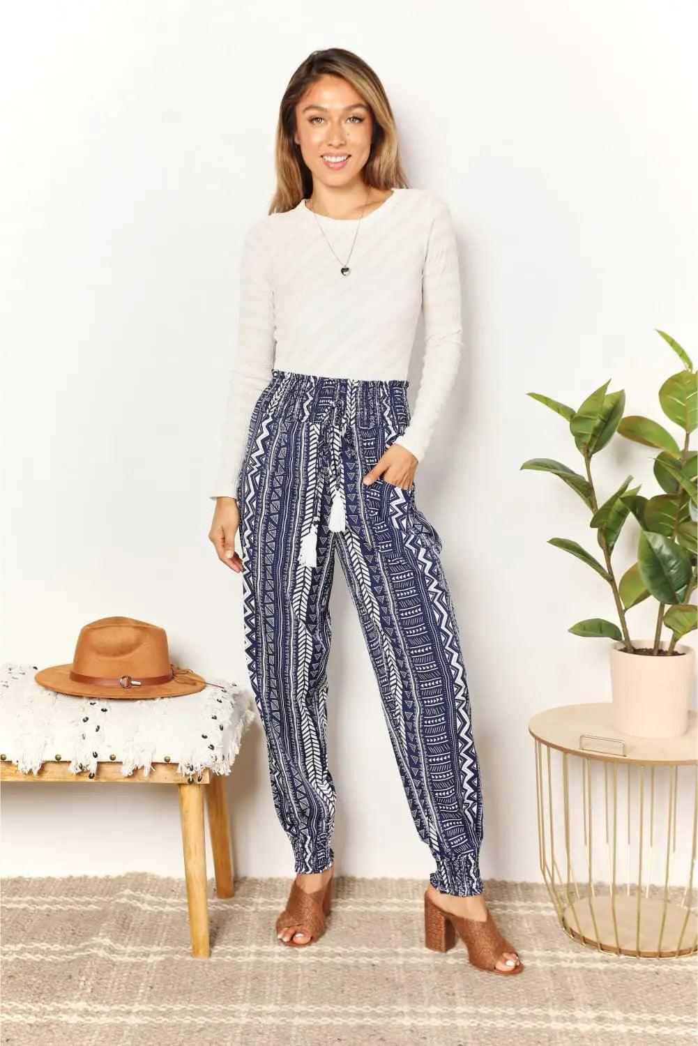 Perfee Geometric Print Tassel High-Rise Pants Trendsi