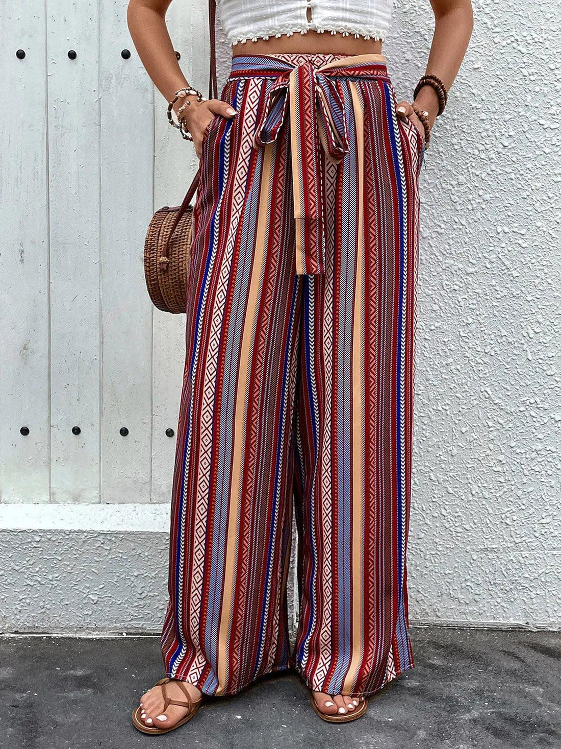 Perfee Tied Geometric Wide Leg Pants Trendsi