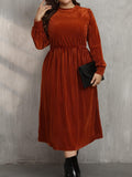 Plus Size Round Neck Long Sleeve Midi Dress - Awesome Marketplace