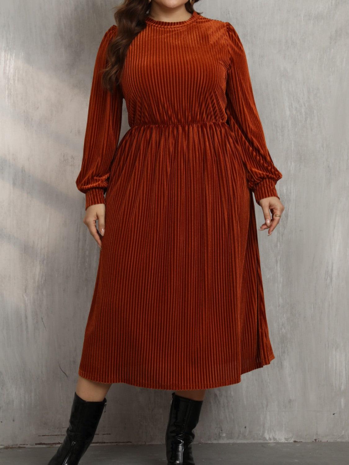 Plus Size Round Neck Long Sleeve Midi Dress - Awesome Marketplace